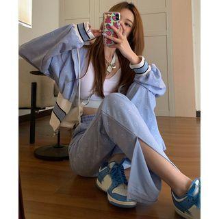 Plain Bralette / Hooded Light Jacket / Slited Straight-cut Pants