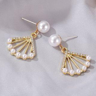 Faux Pearl Rhinestone Fan Alloy Dangle Earring 1 Pair - 01 - 5406 - Gold - One Size