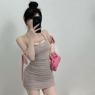 Halter Shirred Cutout Mini Bodycon Dress