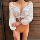 Set: Bikini Top + High-waist Bottom + Eyelet Lace-up Cover-up Jacket
