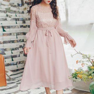 Set: Lace Panel Long-sleeve Midi A-line Dress + Slipdress