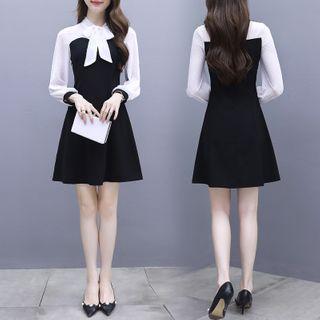Long-sleeve Mock Two-piece Chiffon A-line Mini Dress