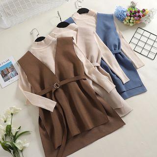 Set: Long-sleeve Knit Top + V-neck Vest