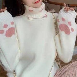 Turtleneck Paw Print Sweater