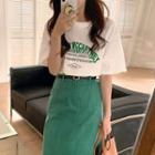Set: Short-sleeve Lettering T-shirt + Mini Pencil Skirt + Faux Leather Belt