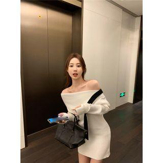 Long-sleeve Off-shoulder Mini Sheath Dress White - One Size