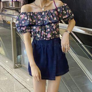 Off-shoulder Flower Print Crop Top / Asymmetrical Skort