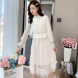 Set: Lace Long-sleeve Midi A-line Dress + Furry Vest