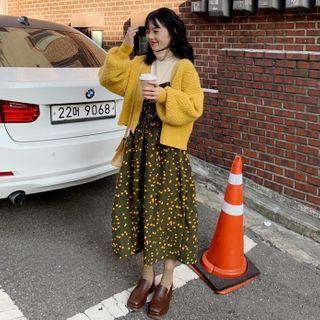 Long-sleeve Turtleneck Top / Cable Knit Cardigan / Floral Print Midi A-line Pinafore Dress