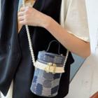 Faux Pearl Denim Crossbody Bucket Bag