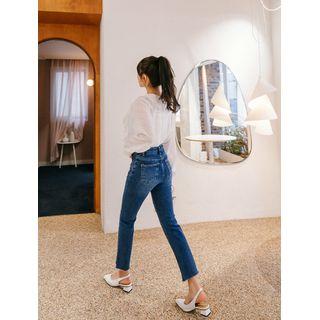 Round-neck Frill-trim Checked Blouse