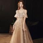 Spaghetti Strap Cold-shoulder Floral A-line Evening Gown