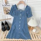 Puff-sleeve Square-neck Denim Mini Dress