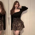 Set: Long-sleeve Top + Leopard Print Skirt T-shirt - Black - One Size / Skirt - Leopard Print - Black - One Size