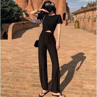 Glitter Knotted Crop T-shirt / High-waist Pants