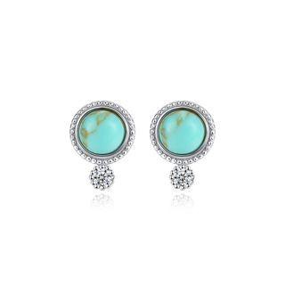 Sterling Silver Simple And Fashion Geometric Round Stud Earrings With Turquoise And Cubic Zirconia Silver - One Size