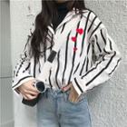 Floral Embroidered Long-sleeved Striped Sheath Blouse