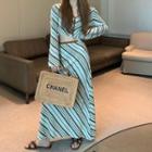 Striped Crop Cardigan / Midi A-line Skirt