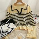 Collared Striped Open-knit Loose T-shirt