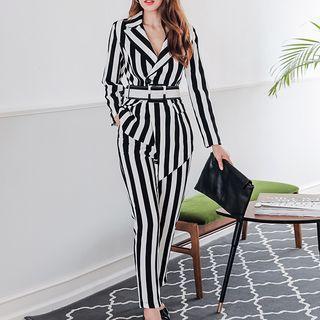 Set: Stripe Blazer With Belt + Dress Pants