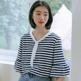 Bell-sleeve Striped T-shirt Sapphire Blue - One Size