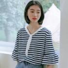 Bell-sleeve Striped T-shirt Sapphire Blue - One Size
