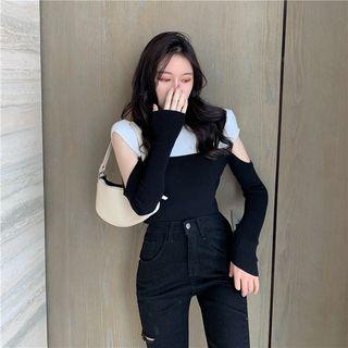 Long-sleeve Color Block Cutout Top As Shown In Figure - One Size