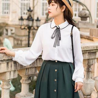 Long-sleeve Lace Ribbon Chiffon Shirt