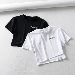 Lettering Belted Short-sleeve Cropped Top