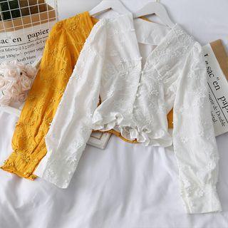 Embroidered V-neck Crop Shirt