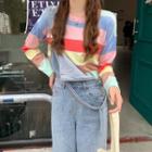Long Sleeve Round Neck Color Block Top Rainbow Stripe - One Size