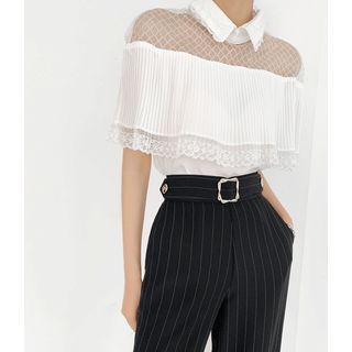 Sheer Lace Yoke Pleated Capelet Blouse Ivory - One Size