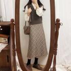 Blouse / Knit Sweater Vest / Plaid Midi A-line Skirt