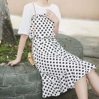 Short-sleeve Mock Two-piece Polka-dot Chiffon Dress