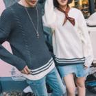 Couple Matching Embroidered Striped Trim Sweater