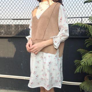 Set: Floral Print 3/4-sleeve Chiffon Dress + V-neck Vest