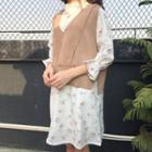 Set: Floral Print 3/4-sleeve Chiffon Dress + V-neck Vest
