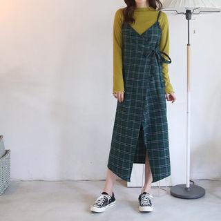 Spaghetti-strap Tie-waist Plaid Wrap Dress
