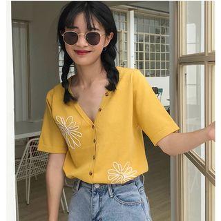 Flower Print Short-sleeve Buttoned Top