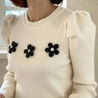 Puff-sleeve Flower-patched Knit Top