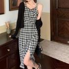 Plaid Side Slit Spaghetti Strap Dress