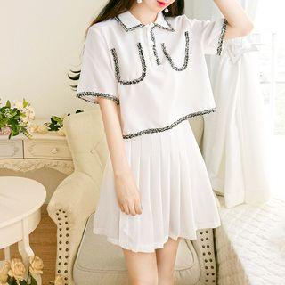 Set: Short-sleeve Collared Top + Mini Pleated Skirt