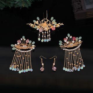 Set: Retro Faux Crystal Tiara + Hair Clip + Dangle Earring Tiara & 1 Pair Hair Clips & 1 Pair Earrings - Gold & Light Jade Green - One Size