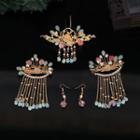Set: Retro Faux Crystal Tiara + Hair Clip + Dangle Earring Tiara & 1 Pair Hair Clips & 1 Pair Earrings - Gold & Light Jade Green - One Size