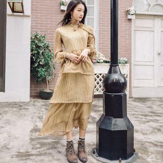 Long-sleeve Striped Midi A-line Tiered Dress