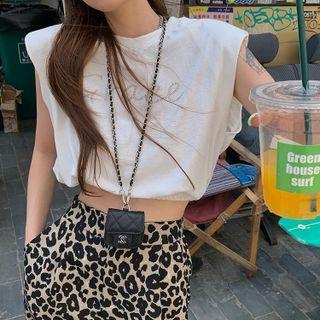 Rhinestone Lettering Crop Tank Top / Leopard Wide Leg Pants