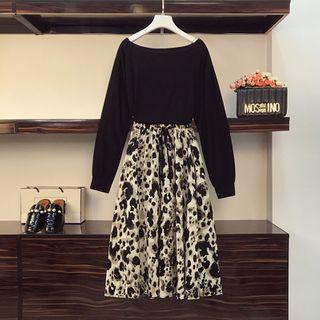 Set: Plain Long-sleeve T-shirt + Leopard Print Midi A-line Skirt