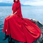 Frog-button Beaded Hooded Maxi Cape Dress Red - One Size