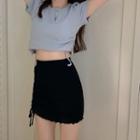 Short-sleeve Henley Crop Top / Drawstring Mini Fitted Skirt