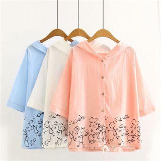 Printed Elbow-sleeve Hooded Shirt